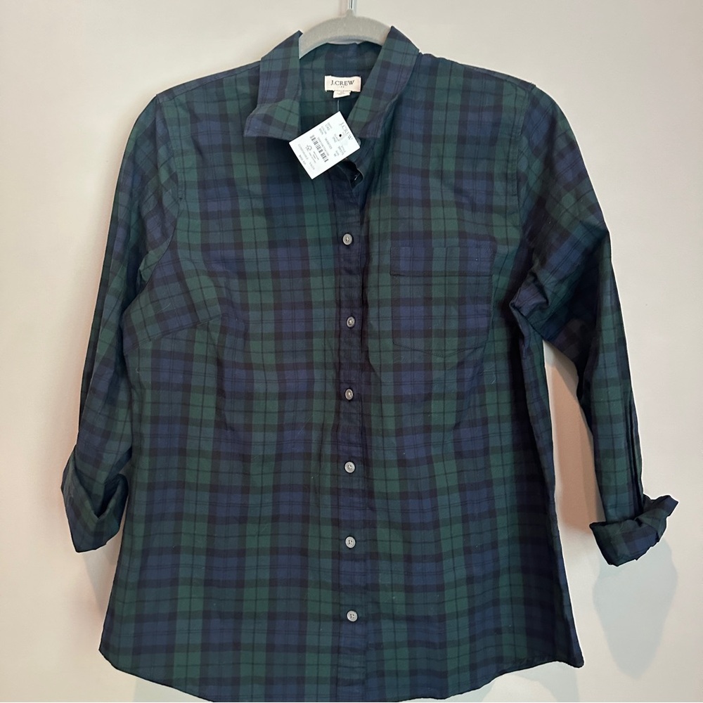 NWT J.Crew Factory Christmas Green Black Watch Plaid Poplin Button Down Shirt M - Picture 3 of 8